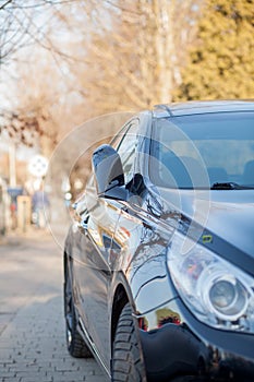 Closeup headlights of car on the street