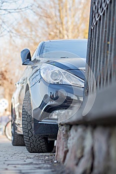 Closeup headlights of car on the street