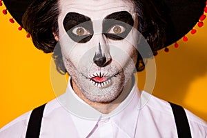 Closeup headshot photo of frightening creepy mime bristle guy funny scary expression crazy look eyes wear white shirt