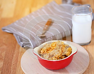 Closeup of a healthy continental breakfast consists of cup of mi