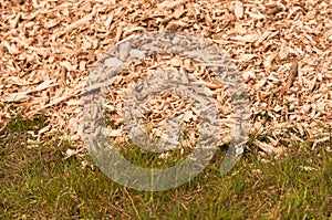 Closeup of a heap of woodchips dumped in the grass