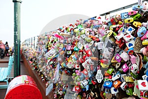 Closeup of heart padlocks in Seoul
