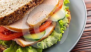 Closeup hearty sandwich with sliced meat, lettuce, tomatoes. home made food. Tasty healthy meal