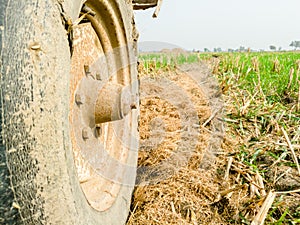 Closeup of a heavy duty tire ruing off road