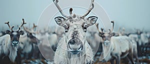 Closeup of a herd of reindeer in Swedens Lapland region. Concept Wildlife Photography, Swedish