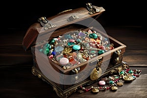 closeup of hidden treasure chest, filled with trinkets and gems