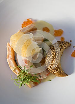 Closeup of high end seafood dish.