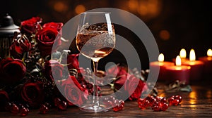 Closeup on a high engraved glass of white wine on a wooden table with a large red Roses bouquet and some candles