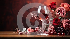 Closeup on a high glass of red wine on a wooden table with a large Roses bouquet and many grappes on a reddish background