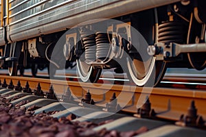 closeup of highspeed train wheels on tracks photo