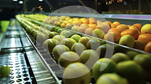 A closeup of a hightech fruit sorting machine captures its quick and meticulous sorting process. Using cameras and photo