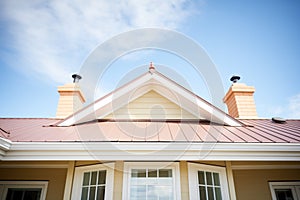 closeup on hip roof detailing of a beige georgian house