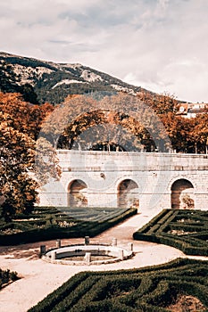 Closeup of historic gardens of the Friars belonging to the Escorial Palace in Madrid