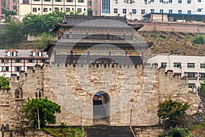 Closeup of historic town gate along Yangtze river, Baidicheng, China