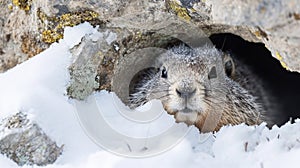 Closeup of a hoary marmot cautiously sticking its head out from its cozy den its furry face partially hidden by a layer