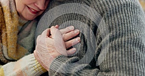 Closeup, holding hands and old couple with love, support and comfort with happiness, romantic and marriage. Romance
