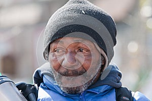 Closeup of homeless african american man