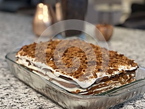 Homemade cake with chocolate topping photo