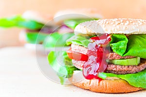 Closeup homemade hamburger fresh vegetables