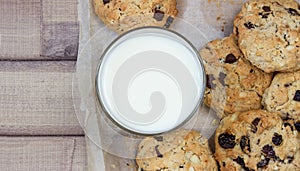 Closeup of homemade moms chocolate cookies with glass of milk