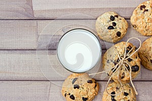 Closeup of homemade moms chocolate cookies with glass of milk