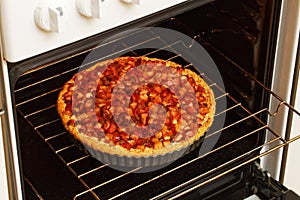 Closeup homemade pie with apple baked in a home oven.