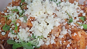 Closeup of homemade traditional Italian Risotto on with shrimp, squids and herbs with fresh Parmesan cheese served on a plate.