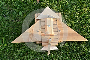 Closeup homemade wooden toy airplane on a grass background, the concept of flight, traveling, playing with child