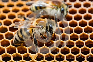 Closeup honey bee producing honey, natural process