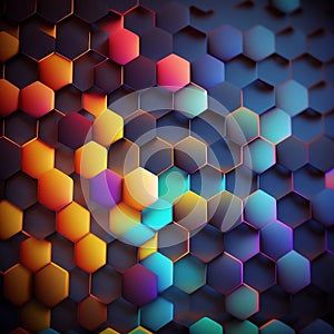 Closeup honeycomb grid texture with multi coloured neon light. Red and dark metal hexagon shaped pattern abstract background
