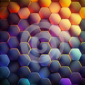 Closeup honeycomb grid texture with multi coloured neon light. Red and dark metal hexagon shaped pattern abstract background