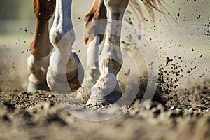 closeup of hooves thundering on the ground, with flying soil