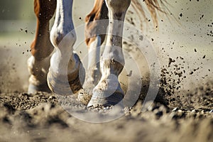 closeup of hooves thundering on the ground, with flying soil photo