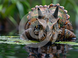 Closeup of a horned lizard in a pond photo