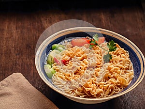 Closeup of hot noodles with smokes