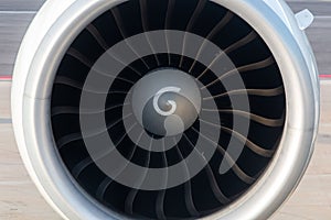 Closeup of a huge jet engine of a commercial jetliner