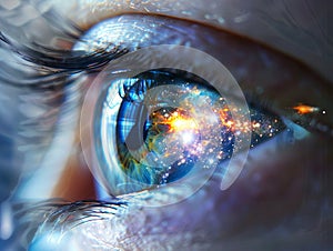 Closeup of human eye with galaxy reflection in electric blue iris