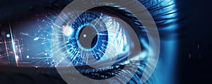 closeup of a human eye with virtual hologram elements for surveillance and digital ID verification or Lasik vision laser
