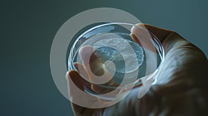 Closeup of a human hand holding a small petri dish containing a cell culture. The cells can be seen dividing and