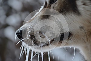 closeup of husky face with ice on whiskers