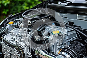 closeup of a hybrid car engines electric parts