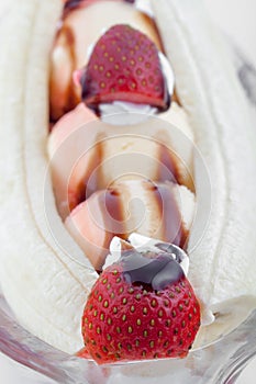 Closeup of ice cream with strawberry and banana
