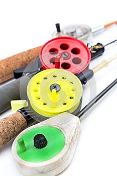 Closeup ice-fishing rods and equipment
