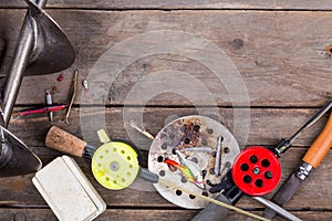 Closeup ice fishing tackles and equipment