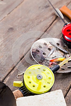 Closeup ice fishing tackles and equipment