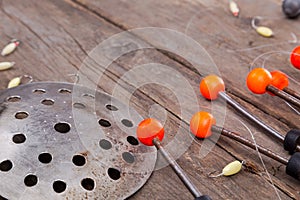 Closeup ice fishing tackles and equipment