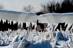 Closeup of icicles covering security fence on a sunny winter