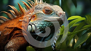 Closeup Iguana in a tree bunch