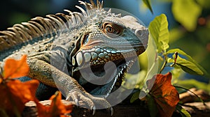 Closeup Iguana in a tree bunch