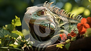 Closeup Iguana in a tree bunch